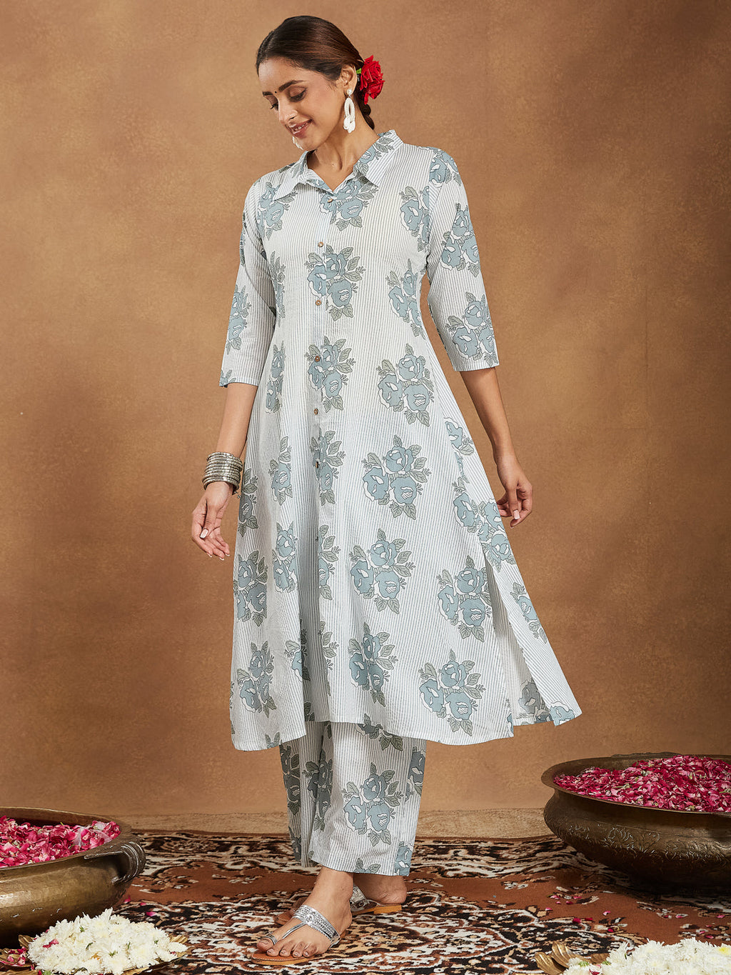 Janasya Light Cotton Floral A-Line Kurta Set | Grocsy