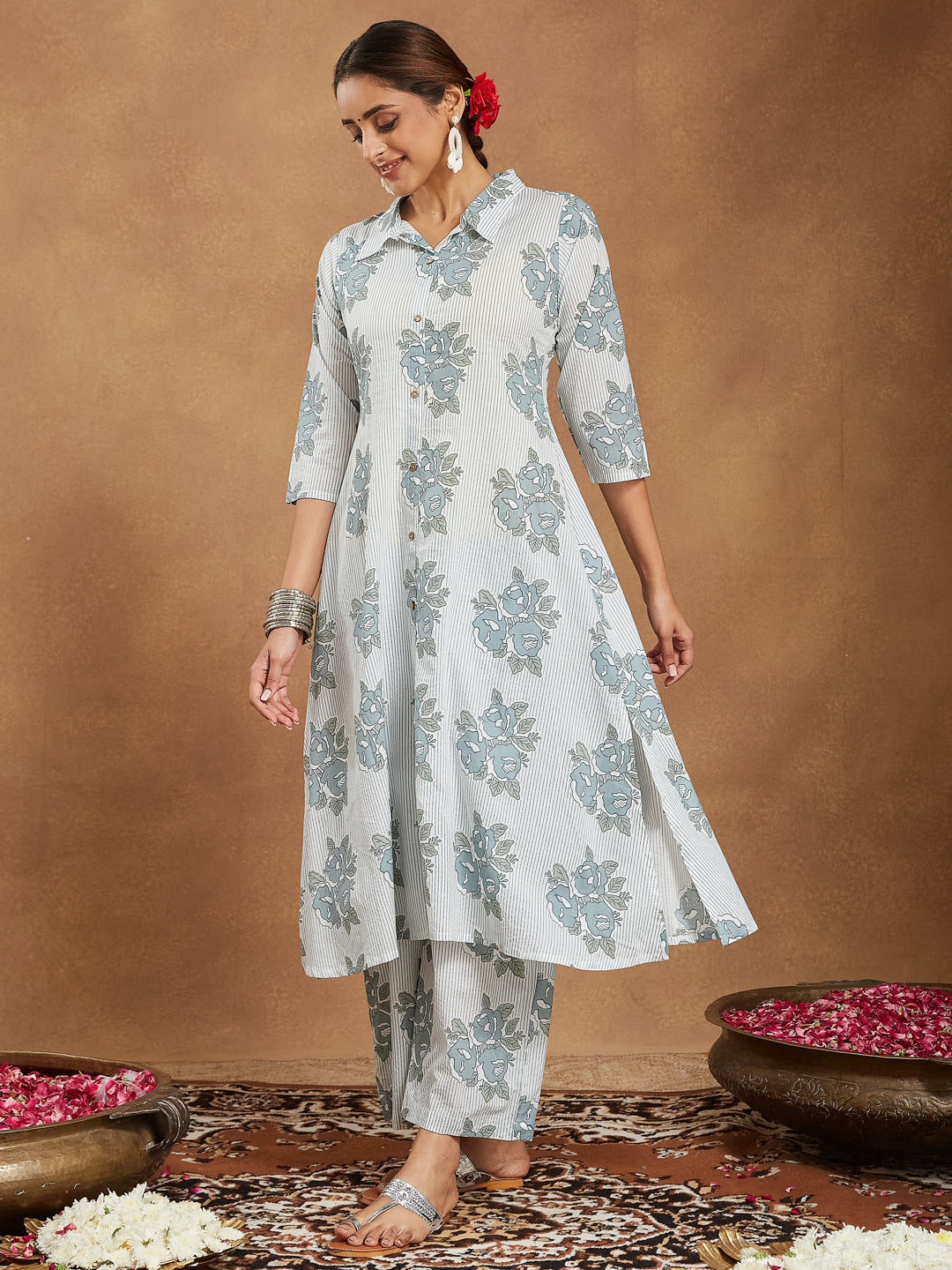 Janasya Light Cotton Floral A-Line Kurta Set | Grocsy