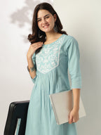 Janasya Light Cotton Yoke Embroidery A-Line Kurta | Grocsy