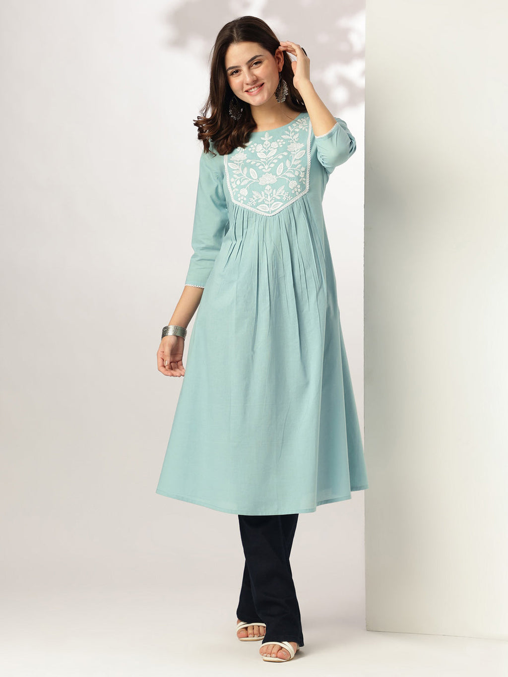 Janasya Light Cotton Yoke Embroidery A-Line Kurta | Grocsy