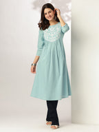 Janasya Light Cotton Yoke Embroidery A-Line Kurta | Grocsy