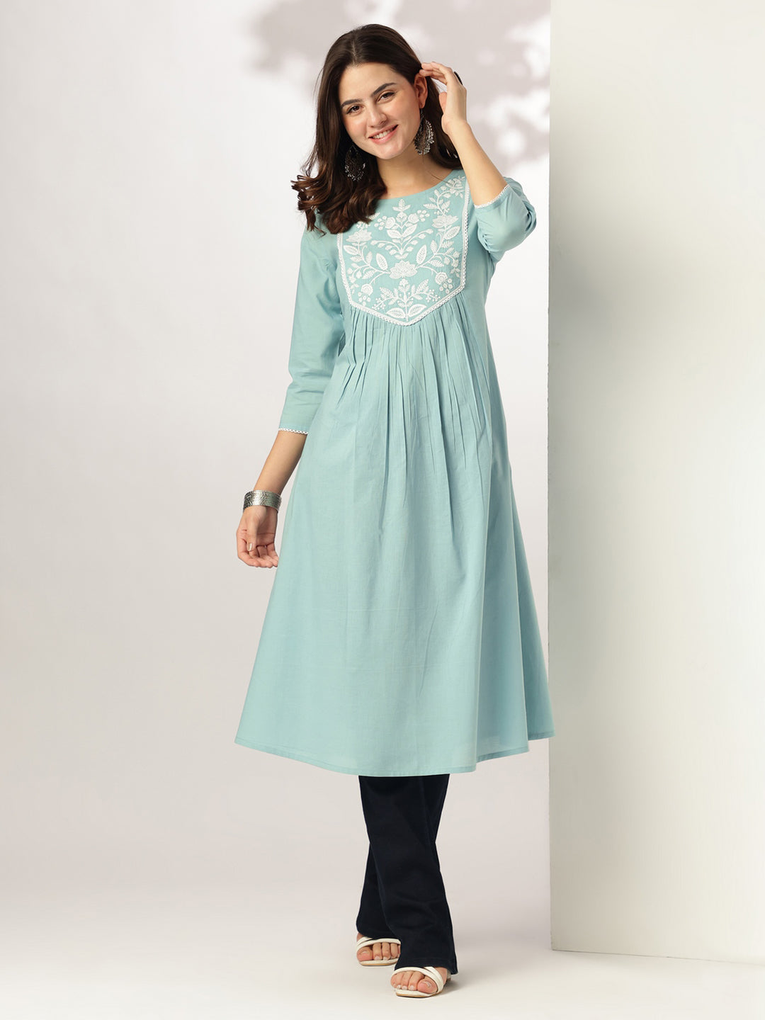 Janasya Light Cotton Yoke Embroidery A-Line Kurta | Grocsy