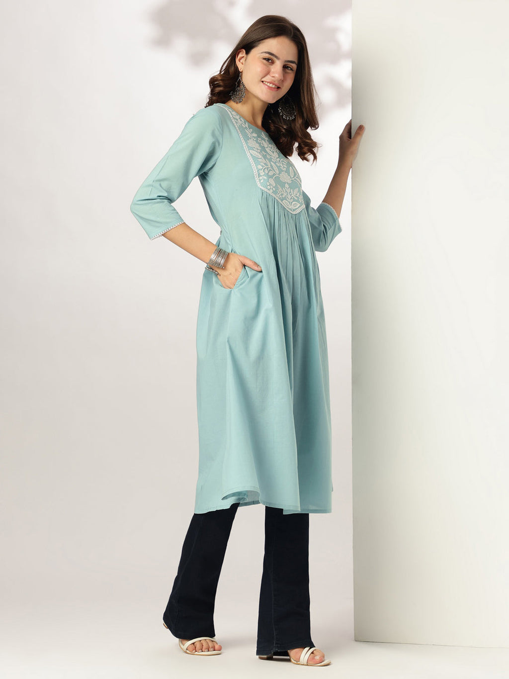 Janasya Light Cotton Yoke Embroidery A-Line Kurta | Grocsy