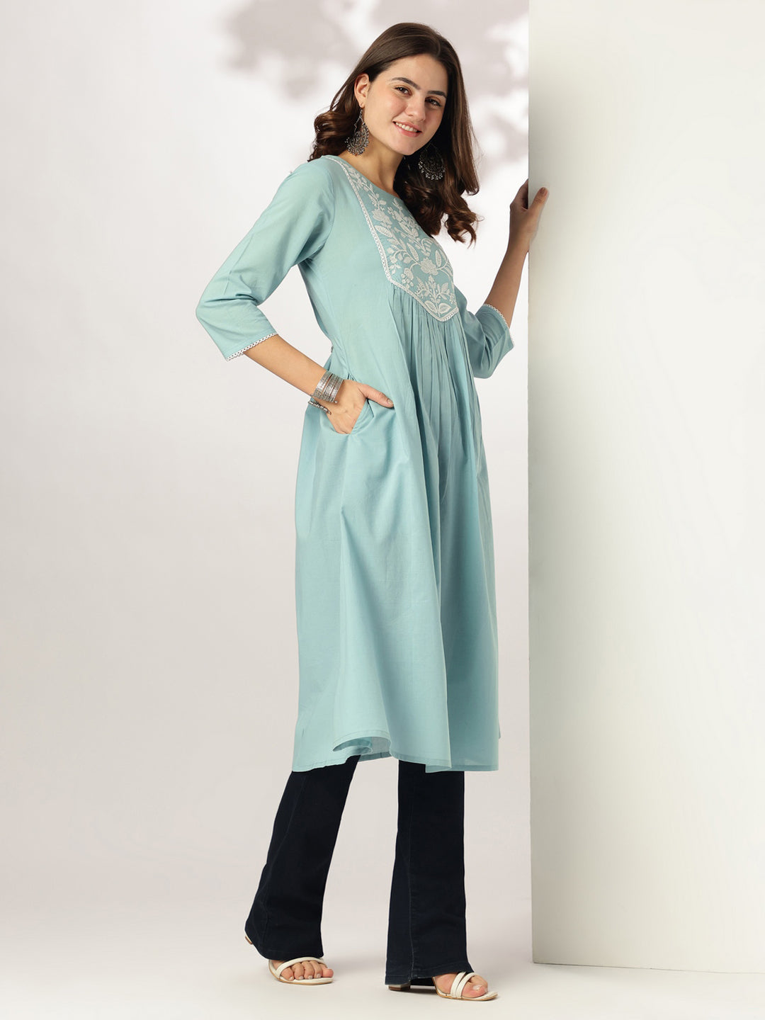 Janasya Light Cotton Yoke Embroidery A-Line Kurta | Grocsy
