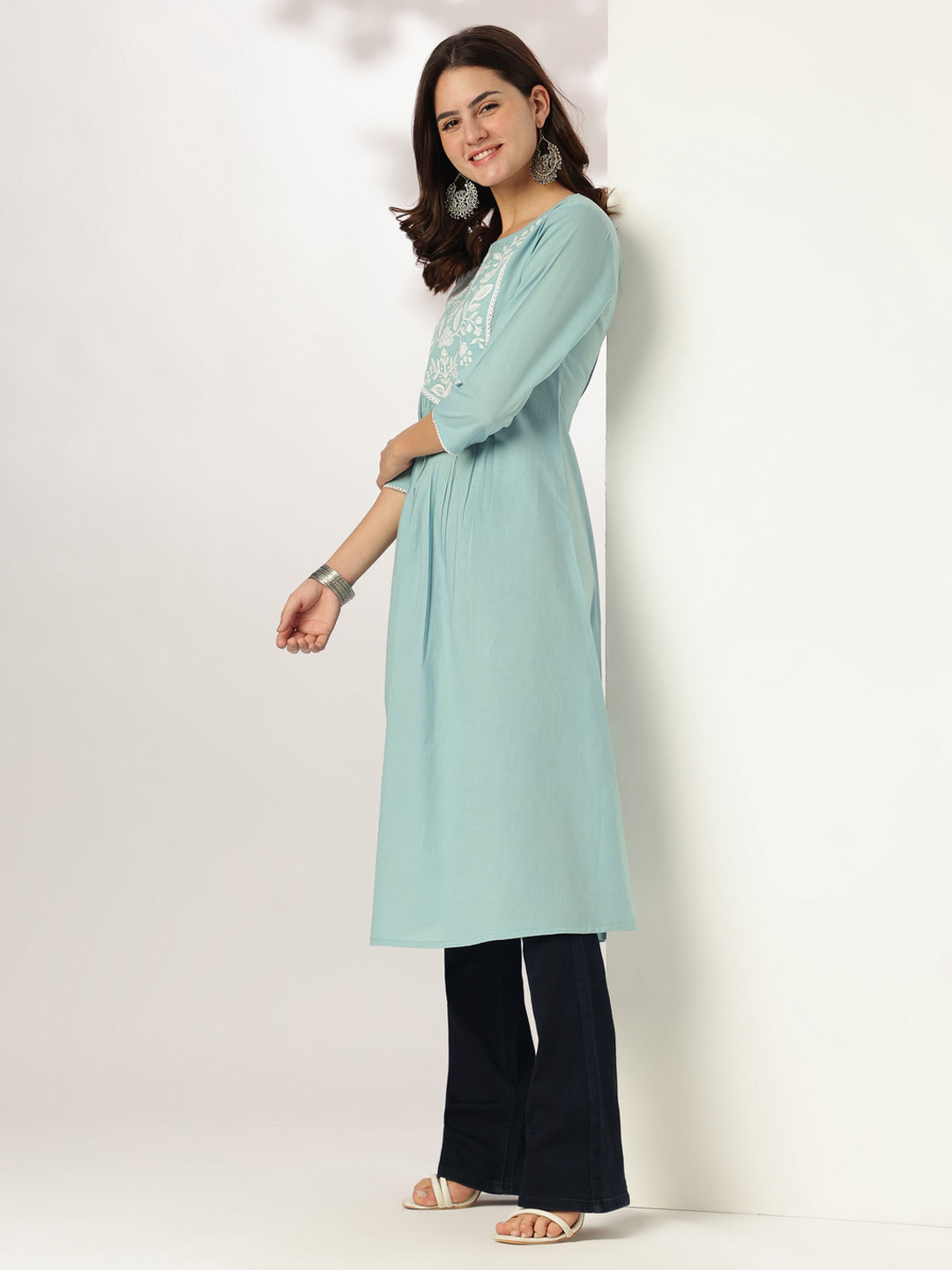 Janasya Light Cotton Yoke Embroidery A-Line Kurta | Grocsy