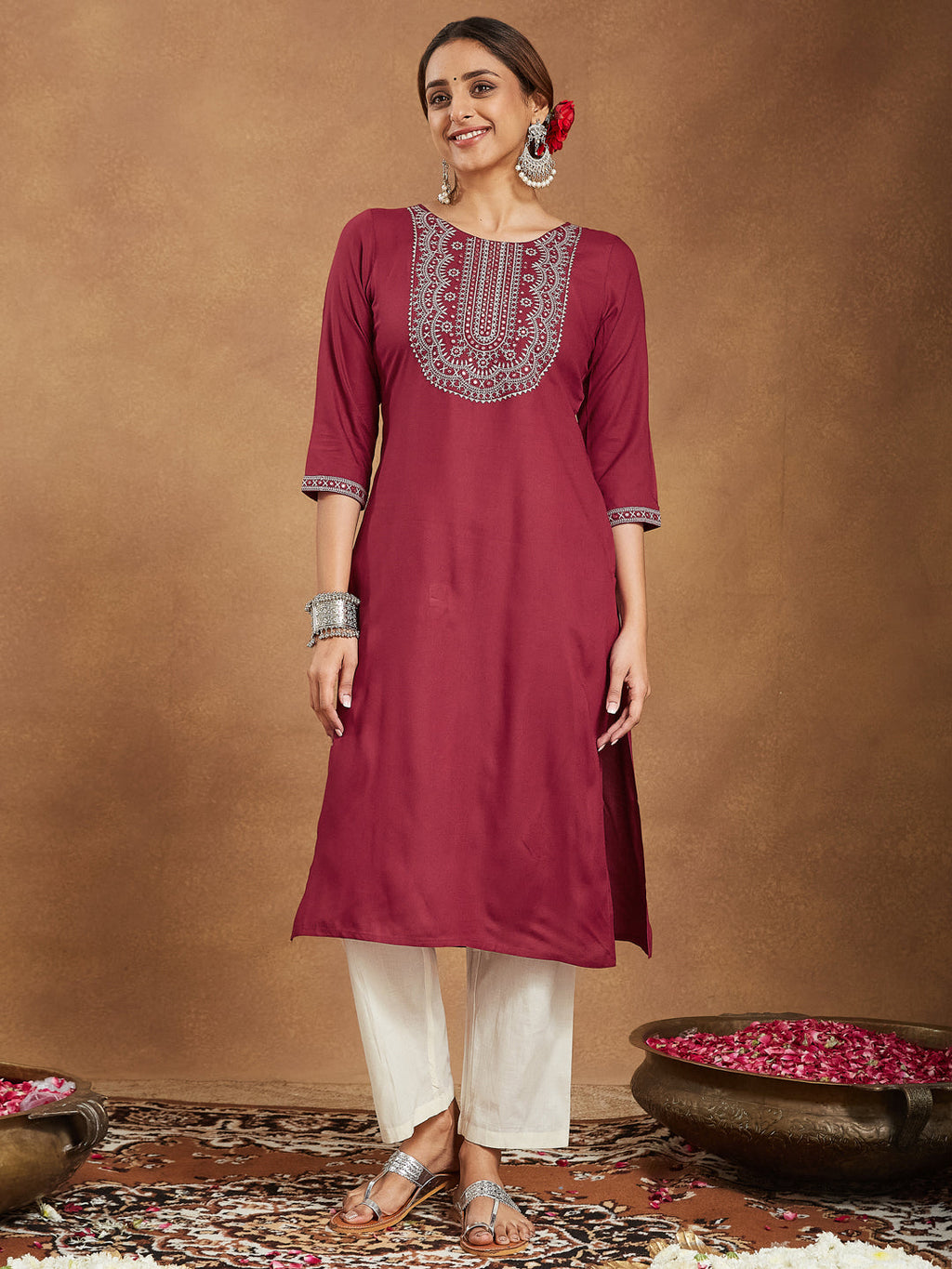 Janasya Dark Rayon Embroidered Straight Kurta | Grocsy