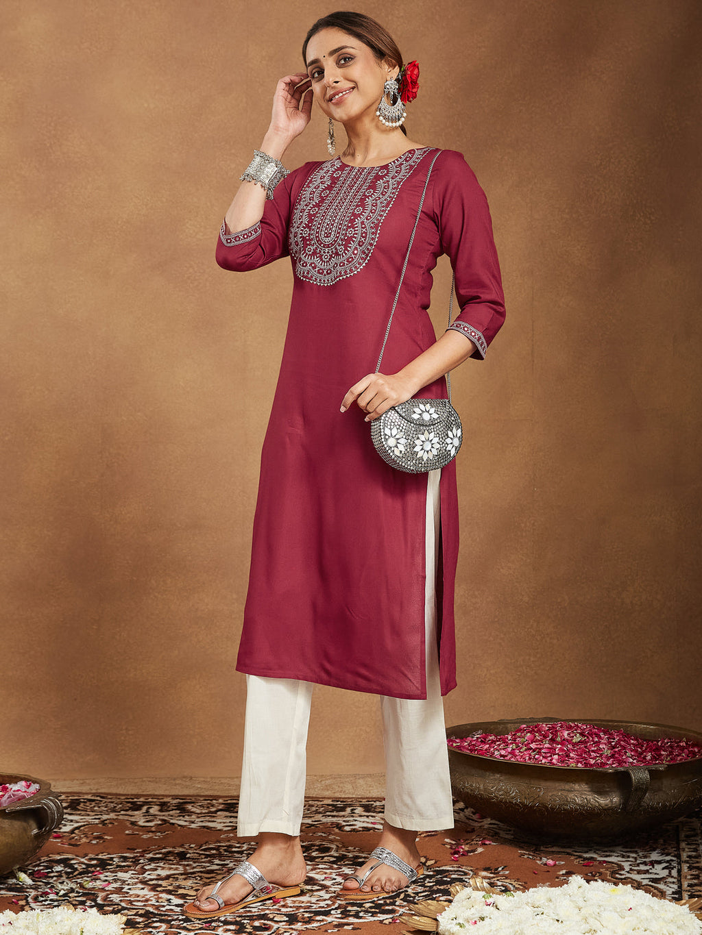 Janasya Dark Rayon Embroidered Straight Kurta | Grocsy