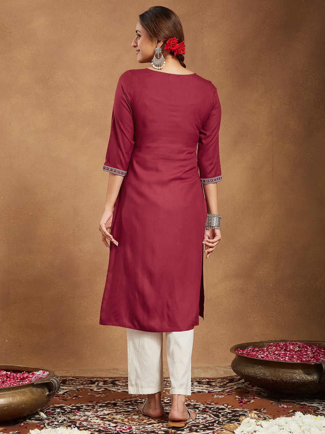 Janasya Dark Rayon Embroidered Straight Kurta | Grocsy