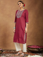 Janasya Dark Rayon Embroidered Straight Kurta | Grocsy