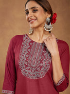 Janasya Dark Rayon Embroidered Straight Kurta | Grocsy
