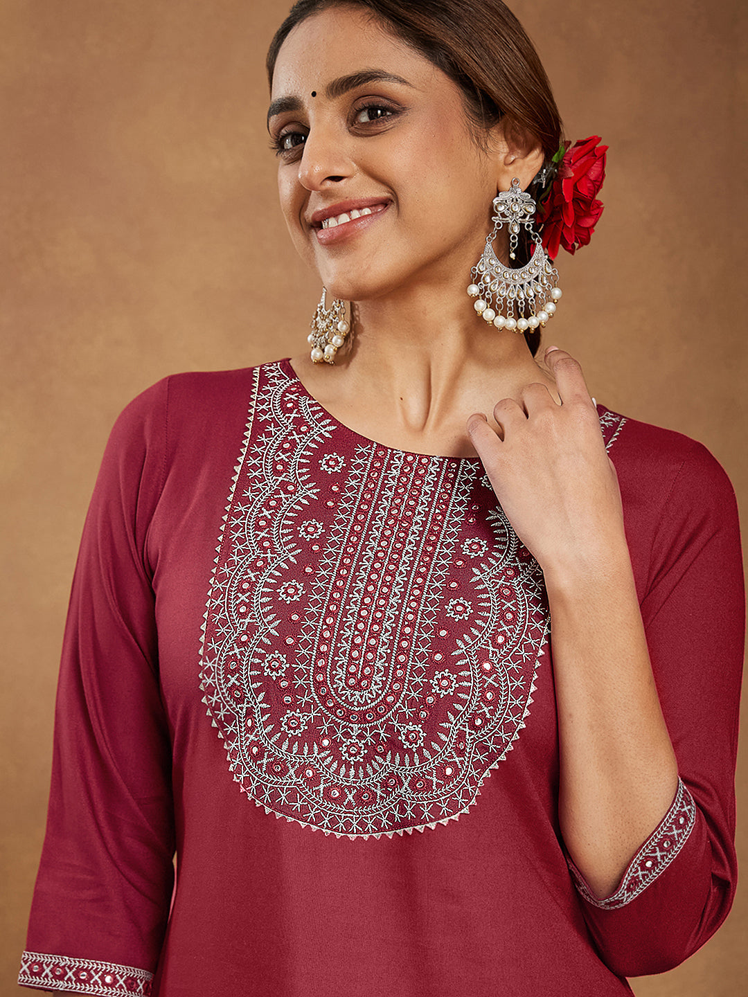 Janasya Dark Rayon Embroidered Straight Kurta | Grocsy