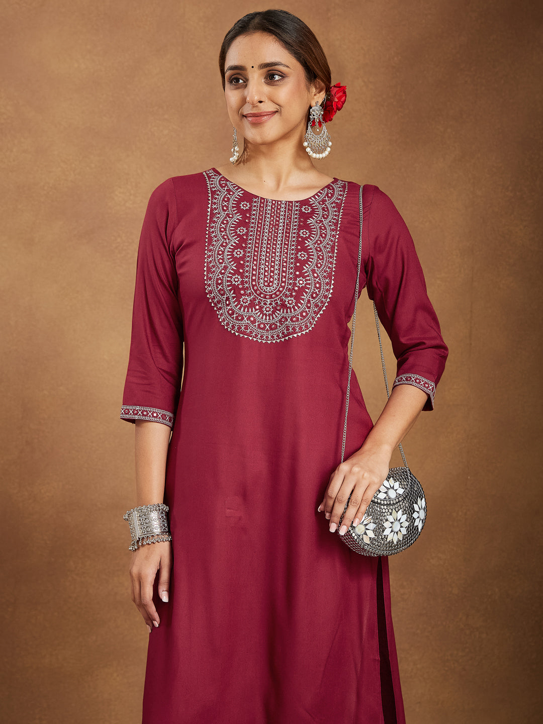 Janasya Dark Rayon Embroidered Straight Kurta | Grocsy