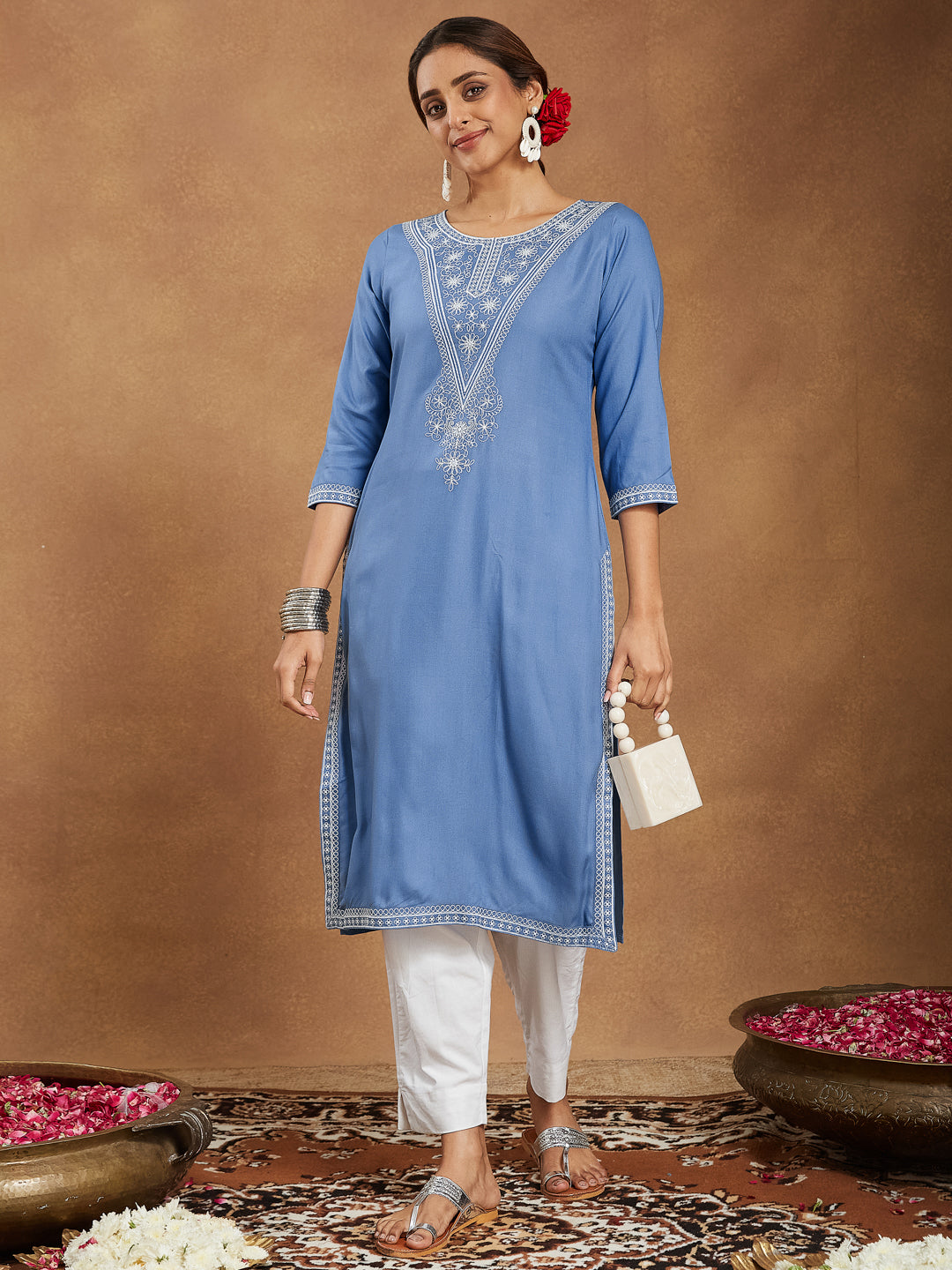Janasya Light Rayon Blend Embroidered Straight Kurta | Grocsy