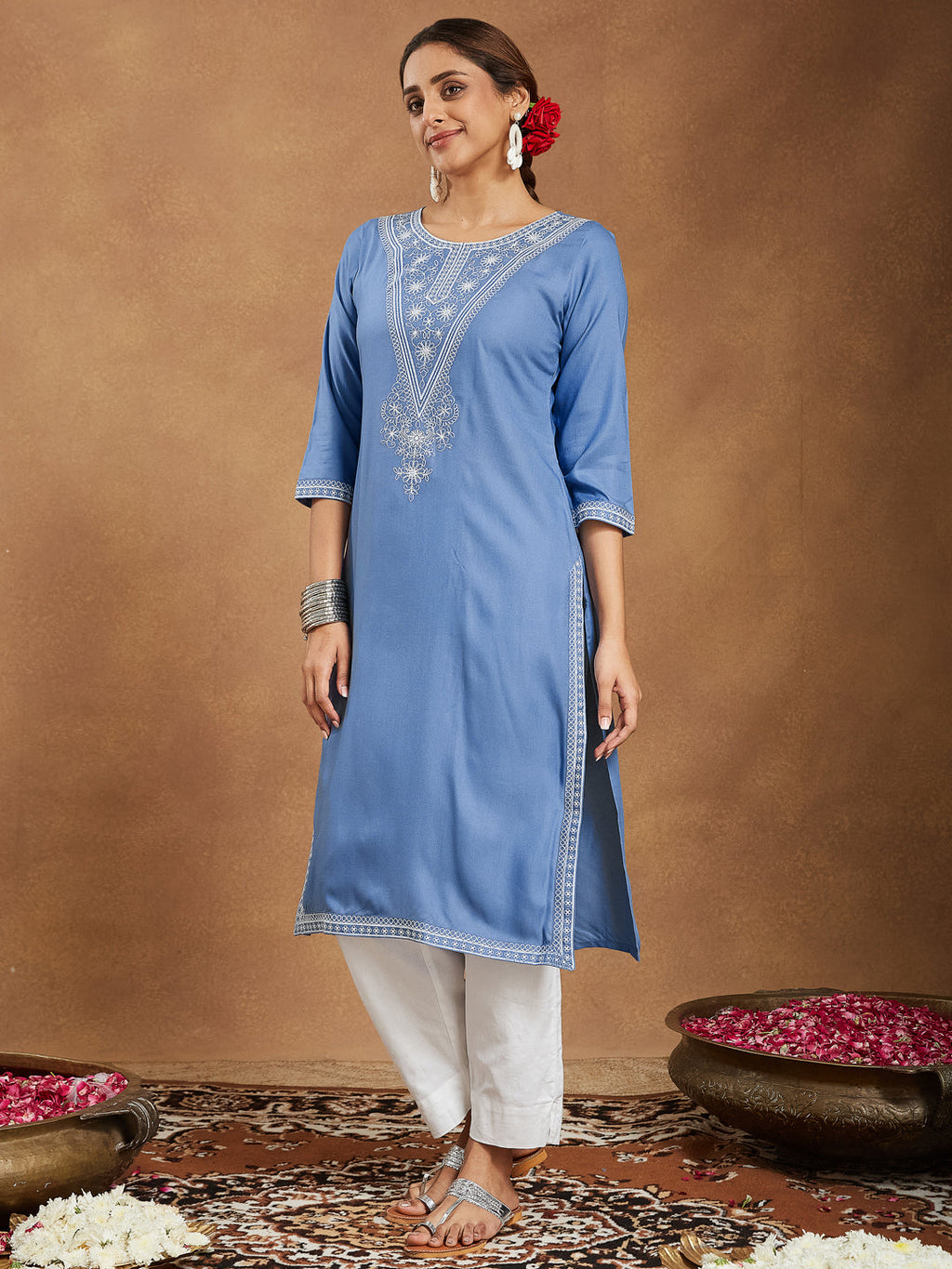 Janasya Light Rayon Blend Embroidered Straight Kurta | Grocsy