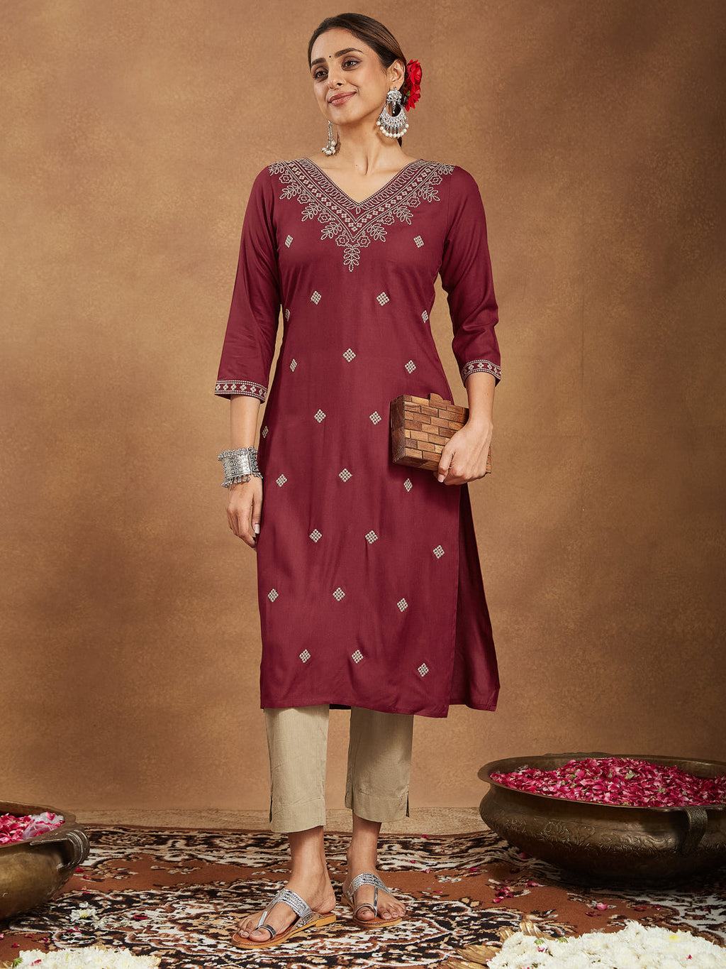 Janasya Dark Rayon Embroidered Straight Kurta | Grocsy