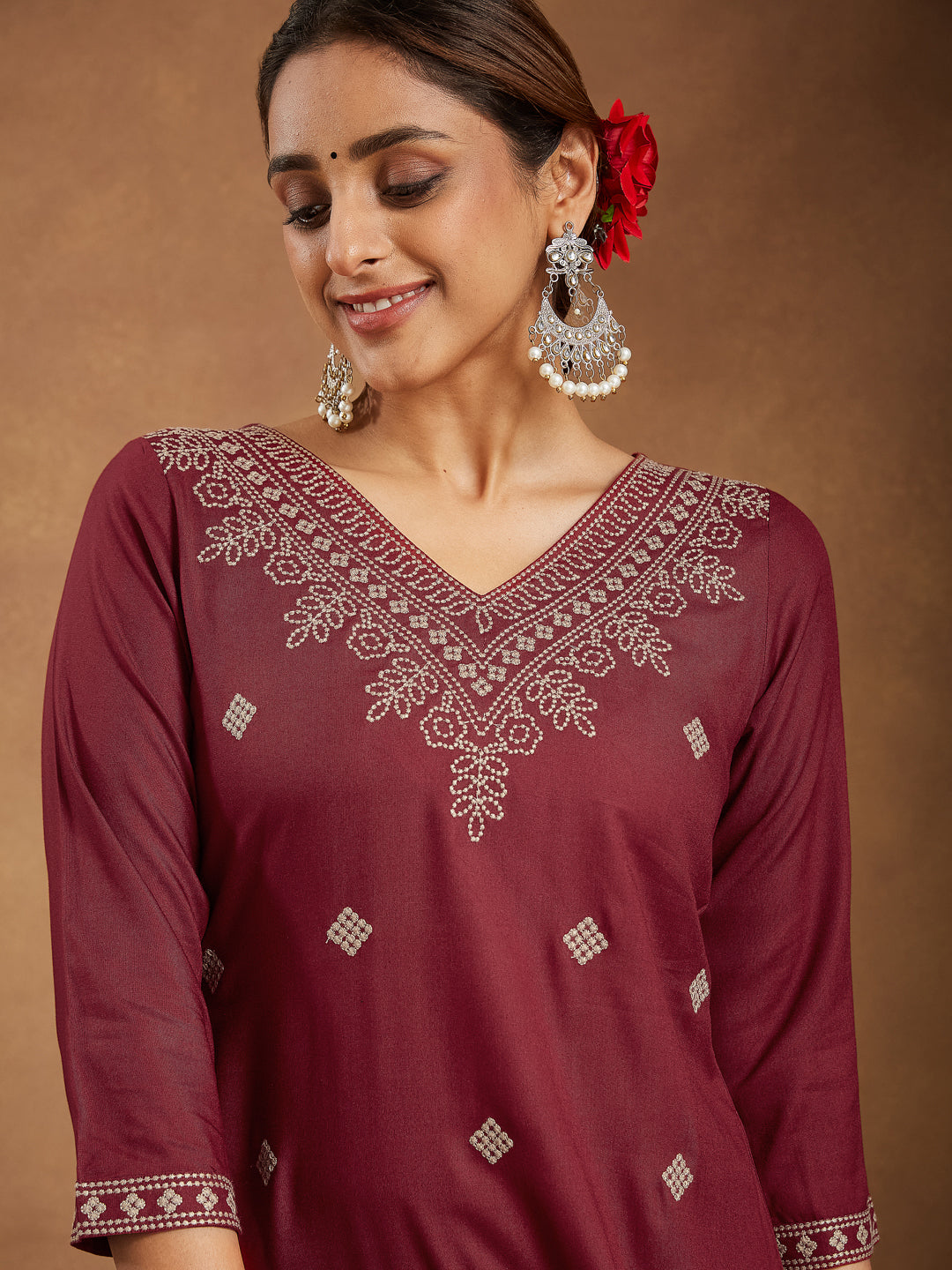 Janasya Dark Rayon Embroidered Straight Kurta | Grocsy