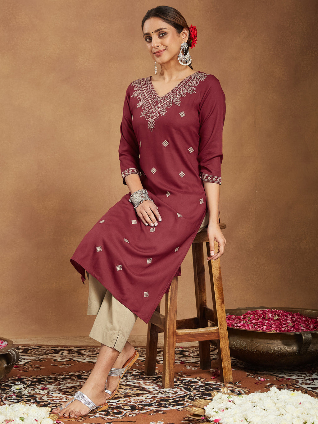 Janasya Dark Rayon Embroidered Straight Kurta | Grocsy