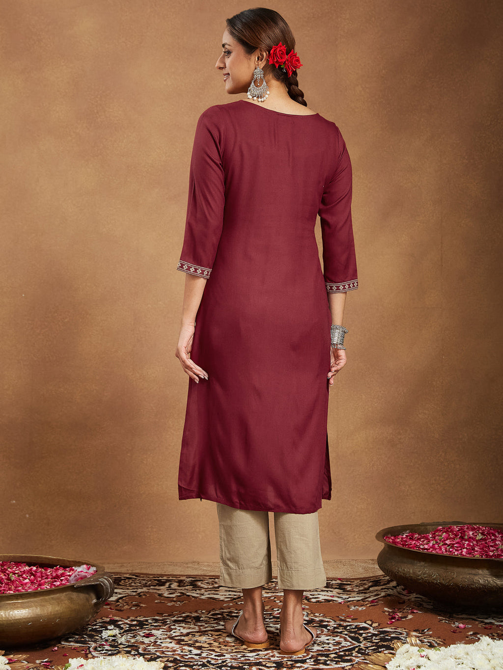 Janasya Dark Rayon Embroidered Straight Kurta | Grocsy