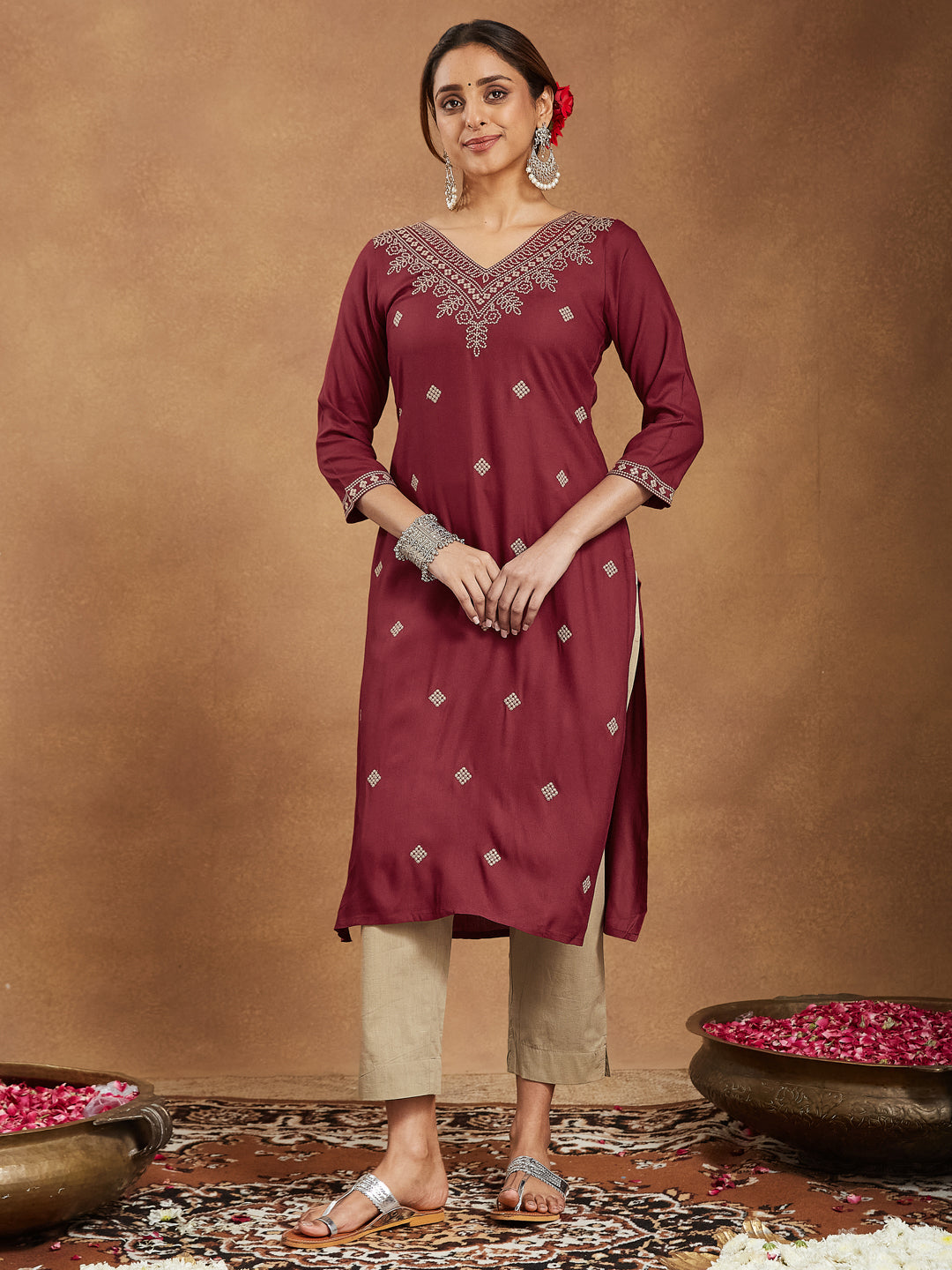 Janasya Dark Rayon Embroidered Straight Kurta | Grocsy