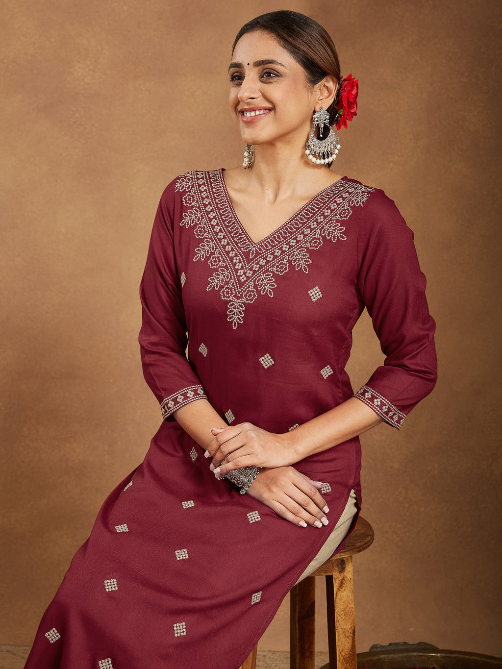 Janasya Dark Rayon Embroidered Straight Kurta | Grocsy