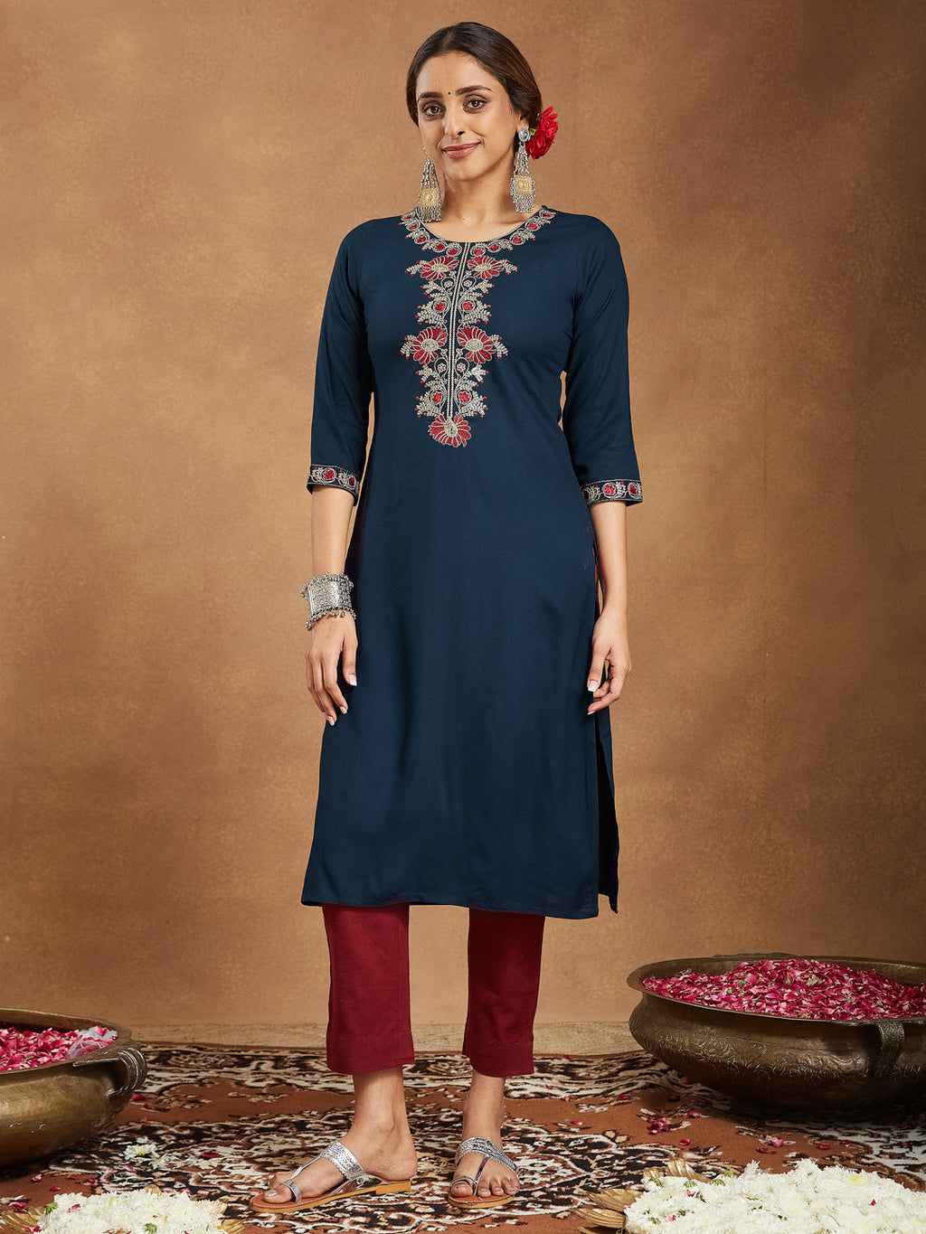 Janasya Dark Rayon Embroidered Straight Kurta | Grocsy