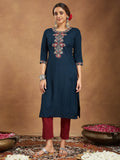 Janasya Dark Rayon Embroidered Straight Kurta | Grocsy