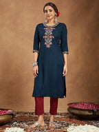 Janasya Dark Rayon Embroidered Straight Kurta | Grocsy