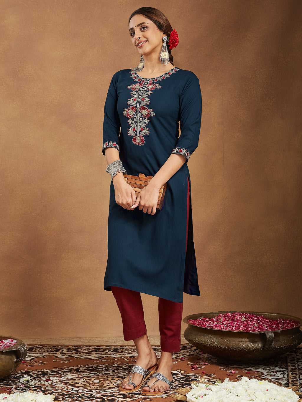 Janasya Dark Rayon Embroidered Straight Kurta | Grocsy