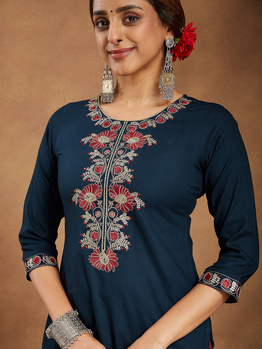 Janasya Dark Rayon Embroidered Straight Kurta | Grocsy
