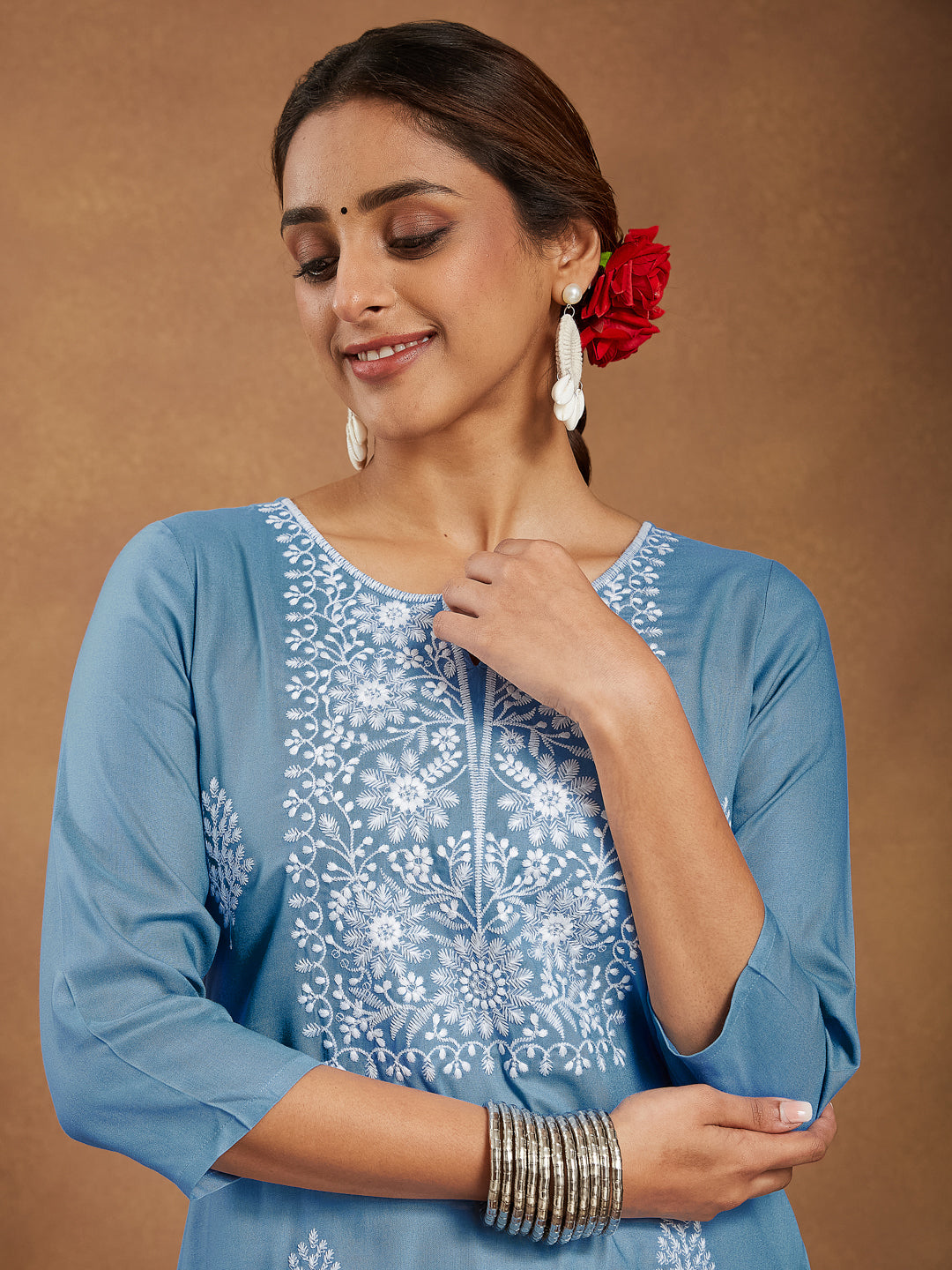 Janasya Light Rayon Embroidered Straight Kurta | Grocsy