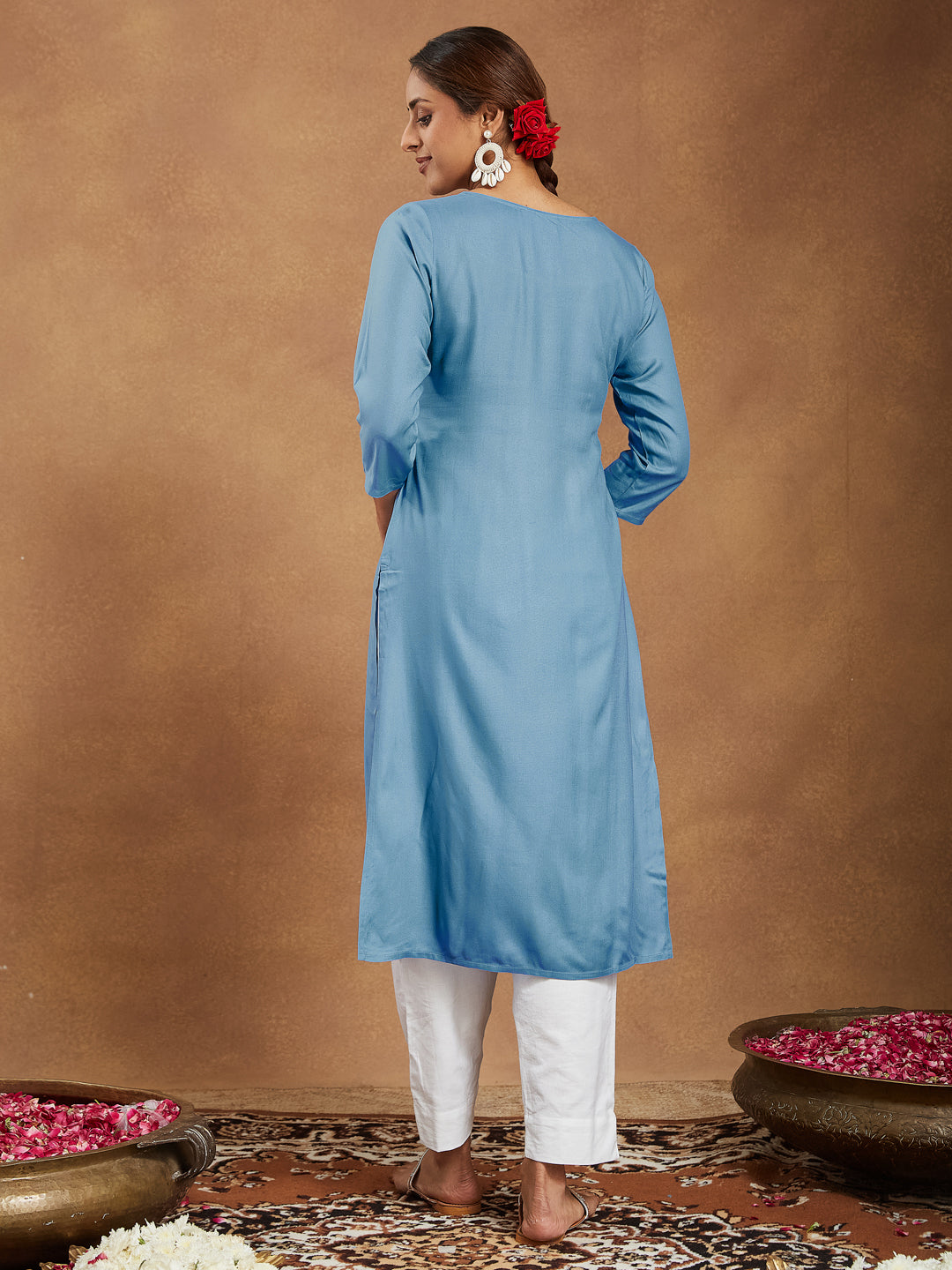 Janasya Light Rayon Embroidered Straight Kurta | Grocsy
