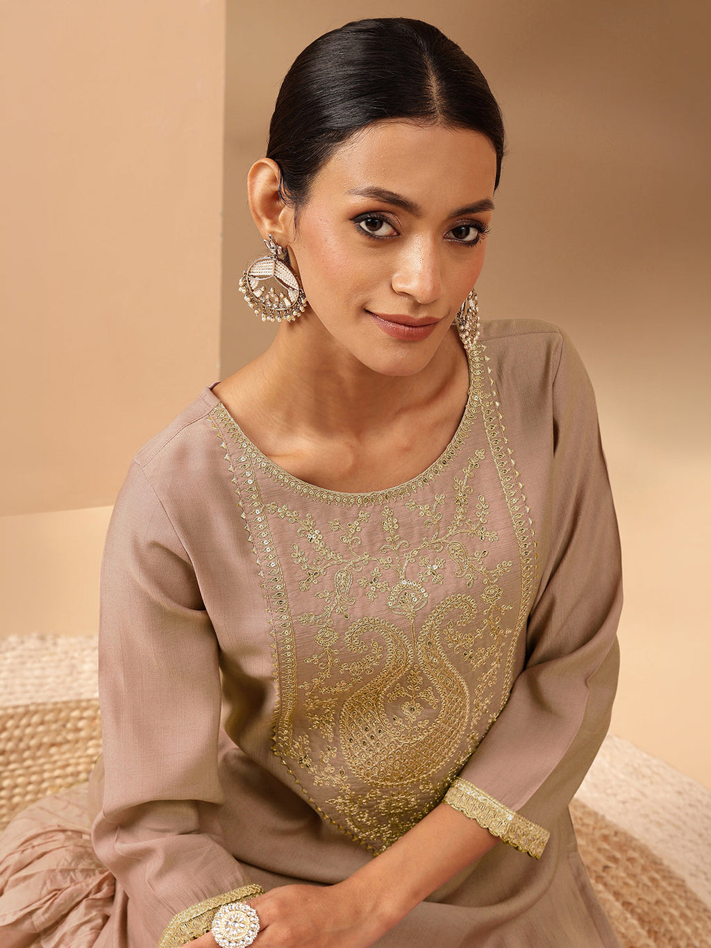 Janasya Brown Straight Silk Blend Kurta | Grocsy