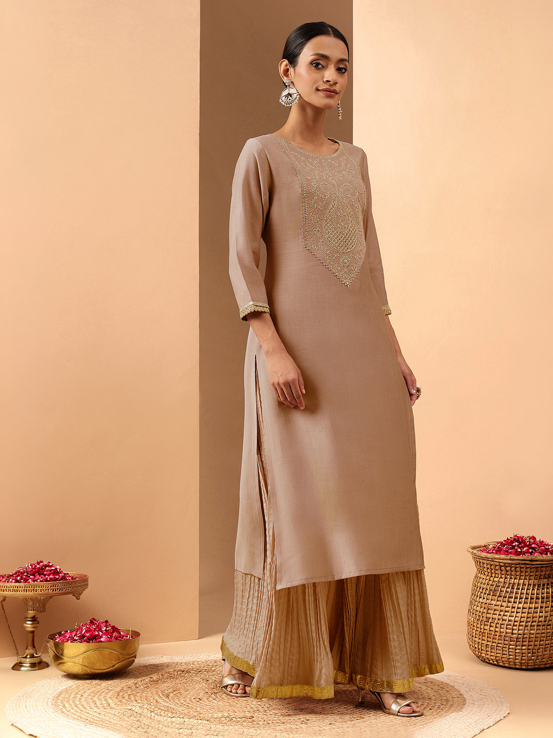 Janasya Brown Straight Silk Blend Kurta | Grocsy
