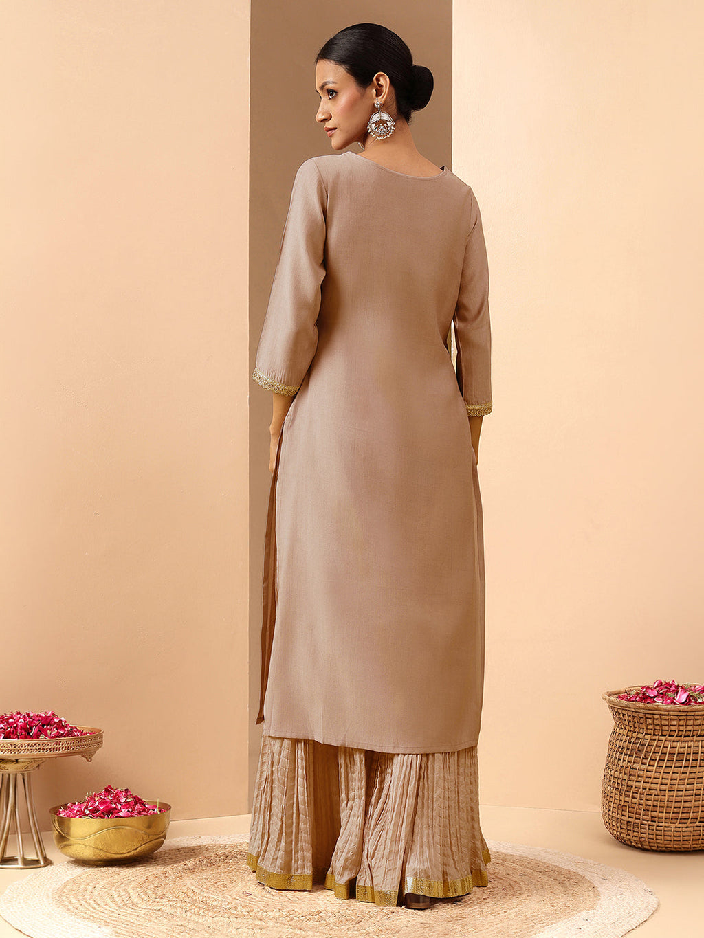 Janasya Brown Straight Silk Blend Kurta | Grocsy