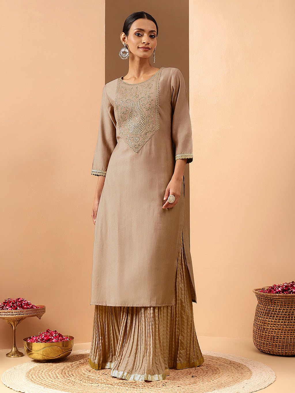 Janasya Brown Straight Silk Blend Kurta | Grocsy