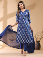 Janasya Dark Cotton Ethnic Motifs Straight Kurta Set | Grocsy