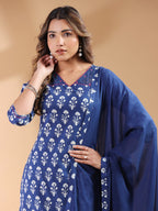 Janasya Dark Cotton Ethnic Motifs Straight Kurta Set | Grocsy