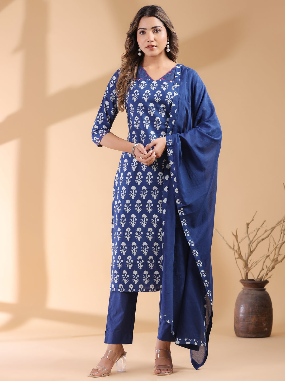 Janasya Dark Cotton Ethnic Motifs Straight Kurta Set | Grocsy