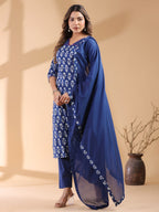 Janasya Dark Cotton Ethnic Motifs Straight Kurta Set | Grocsy