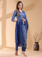 Janasya Dark Cotton Ethnic Motifs Straight Kurta Set | Grocsy