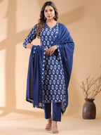 Janasya Dark Cotton Ethnic Motifs Straight Kurta Set | Grocsy