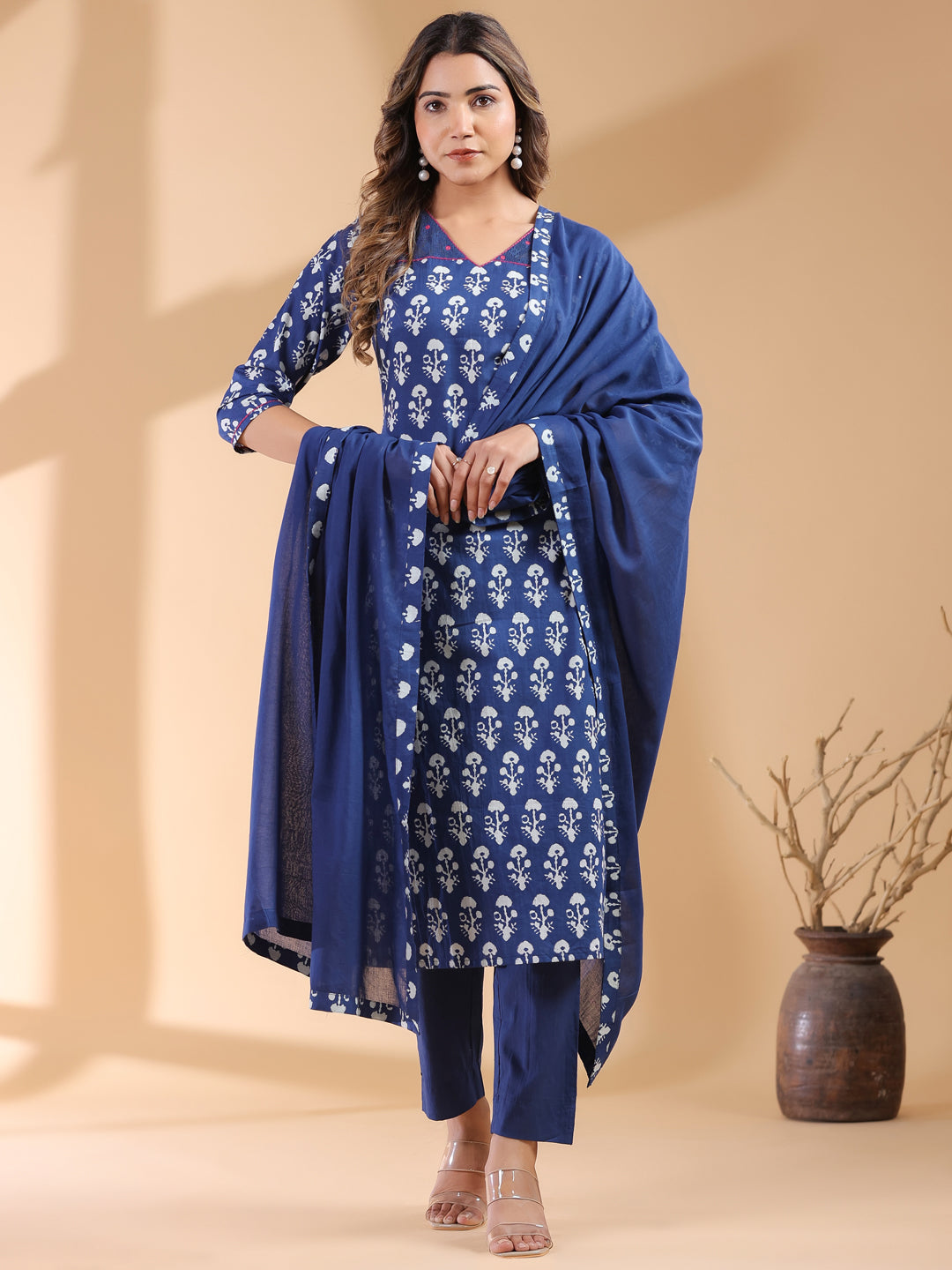 Janasya Dark Cotton Ethnic Motifs Straight Kurta Set | Grocsy