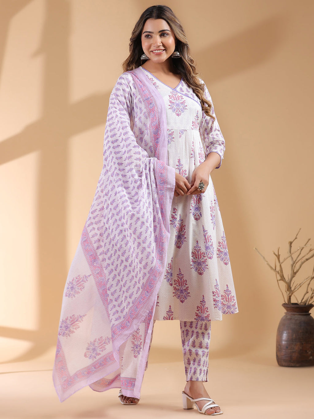 Janasya Light Cotton Floral Angrakha Kurta Set | Grocsy