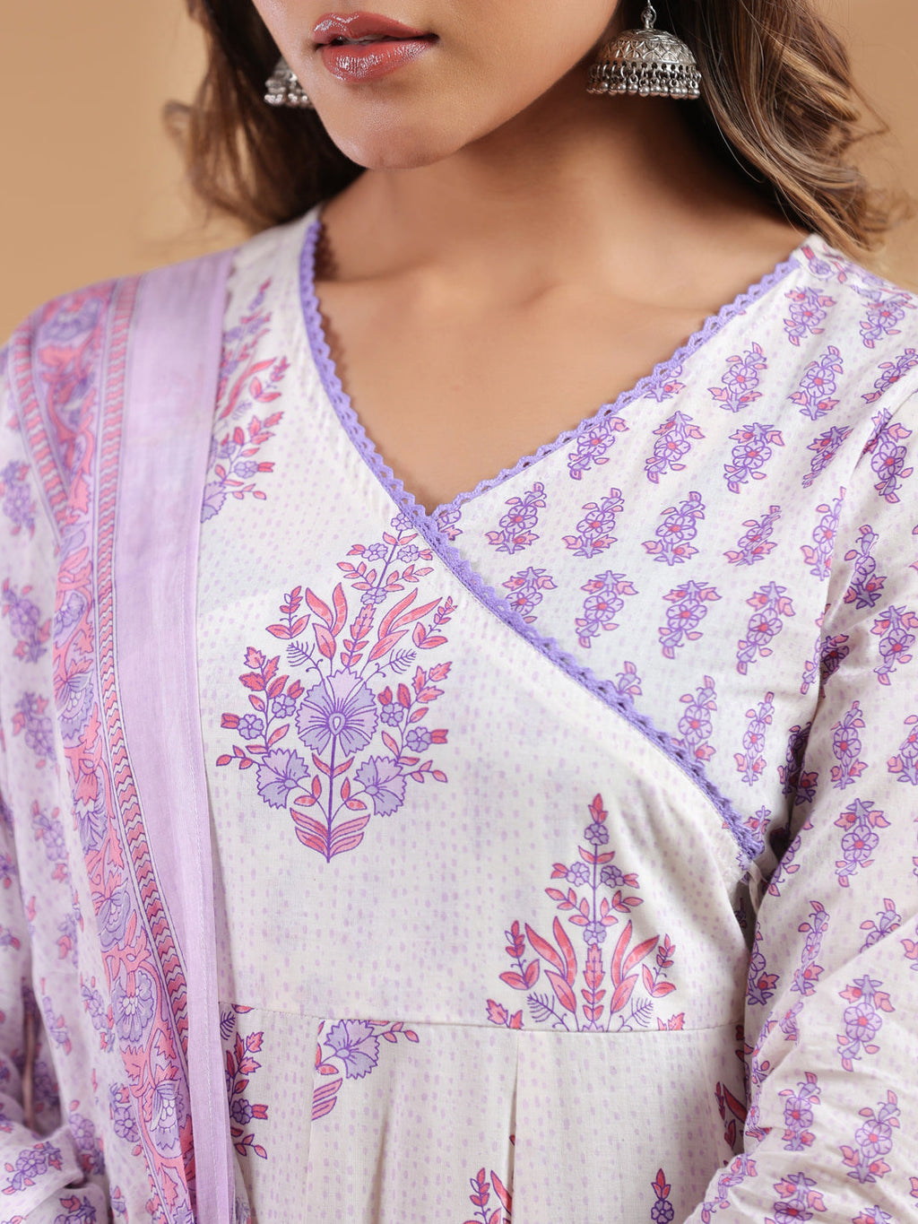 Janasya Light Cotton Floral Angrakha Kurta Set | Grocsy