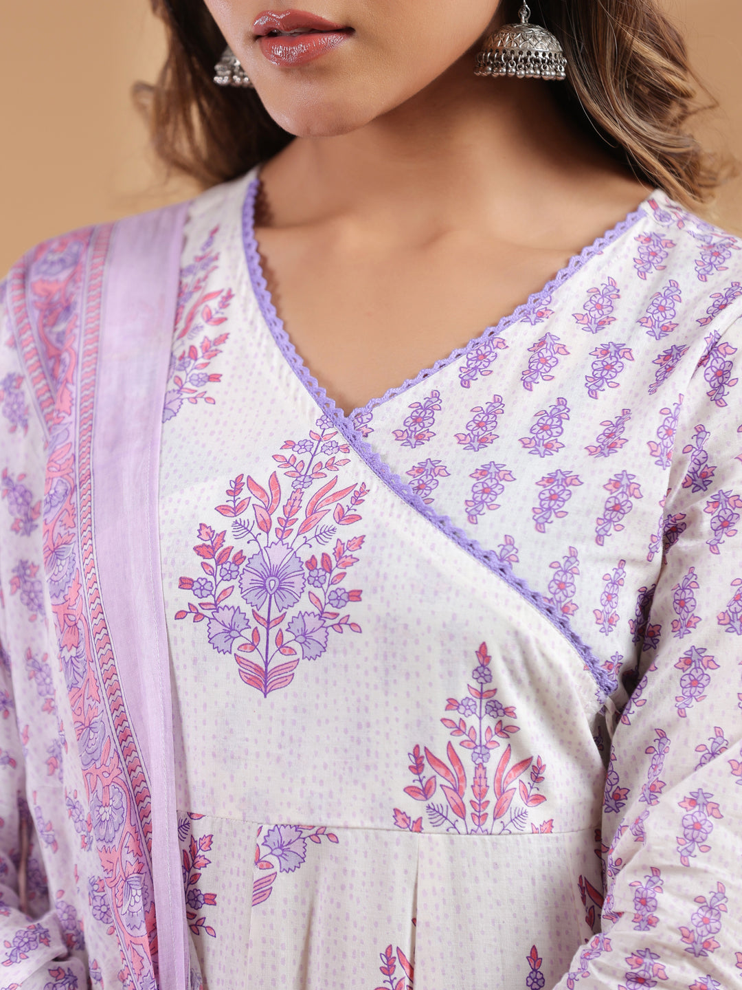 Janasya Light Cotton Floral Angrakha Kurta Set | Grocsy
