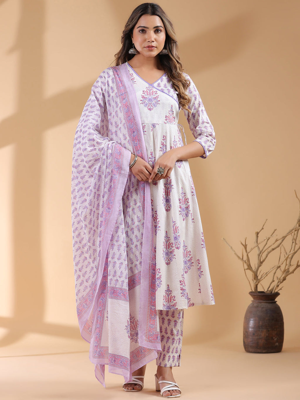 Janasya Light Cotton Floral Angrakha Kurta Set | Grocsy