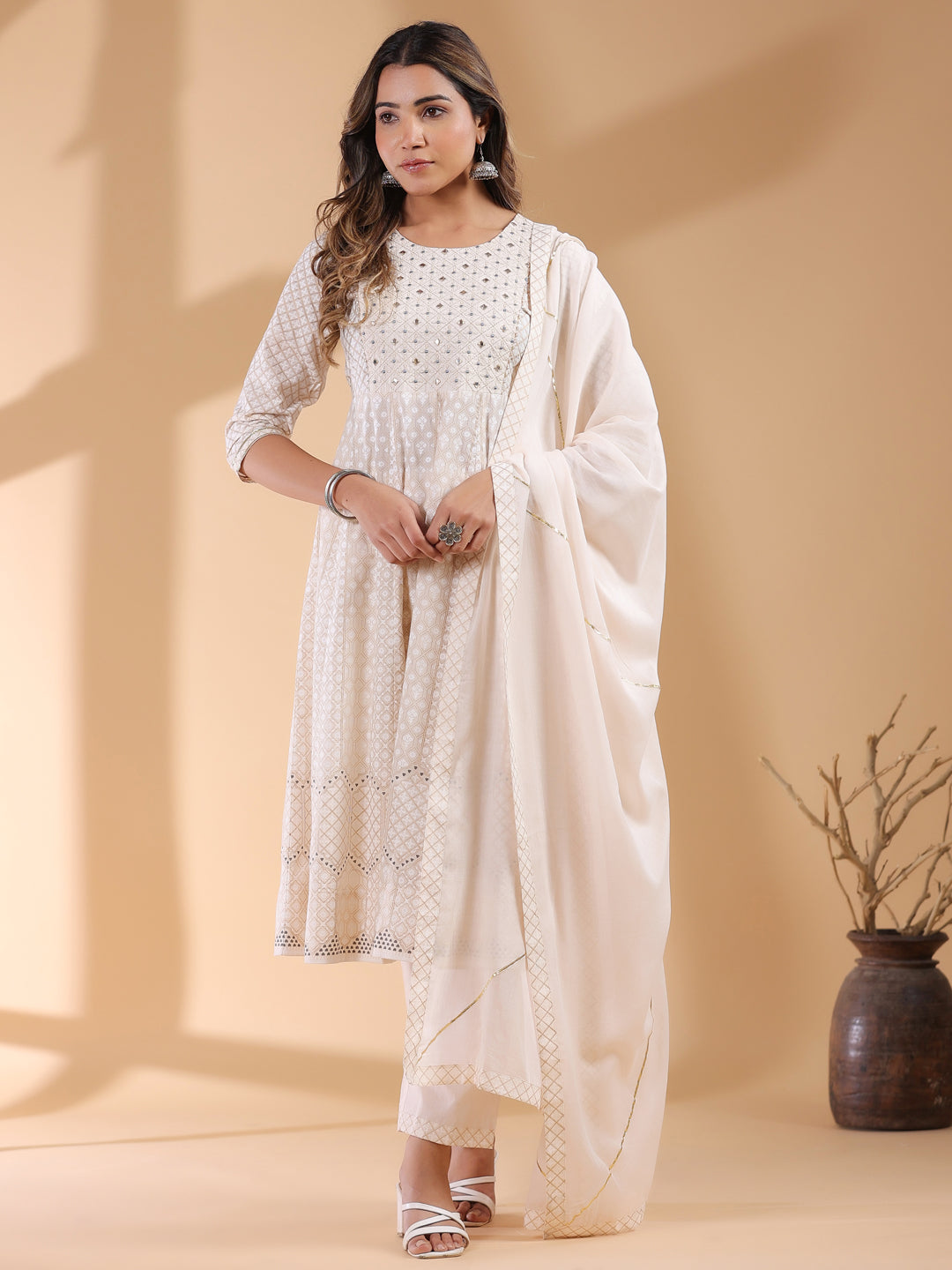 Janasya Light Cotton Ethnic Motifs Anarkali Kurta Set | Grocsy