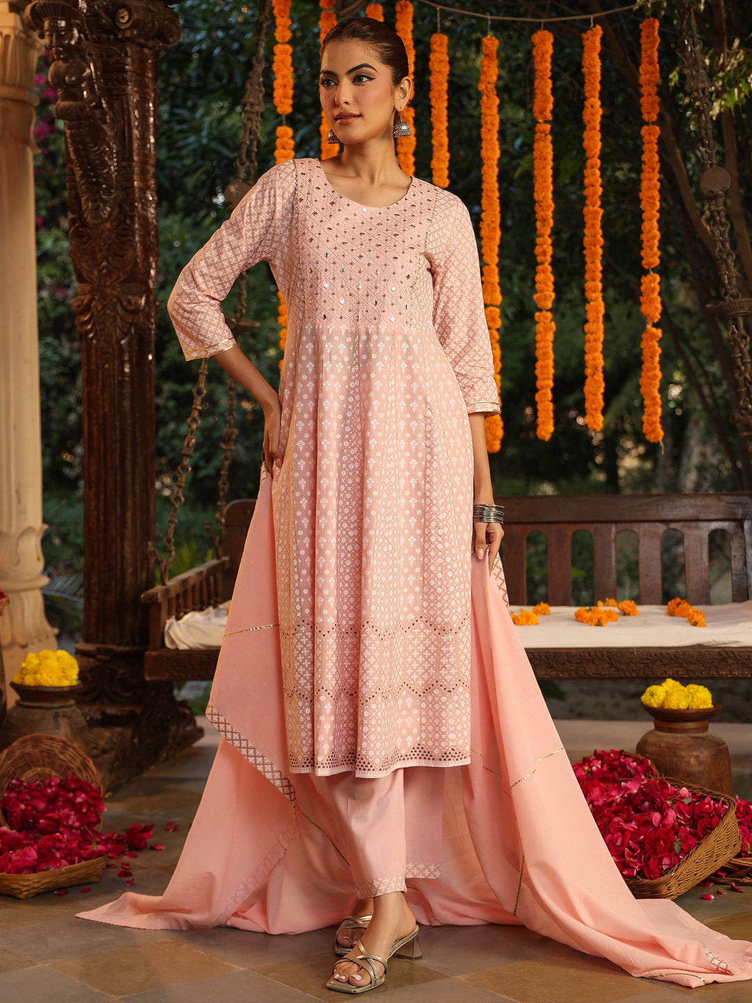 Janasya Light Cotton Ethnic Motifs Anarkali Kurta Set | Grocsy