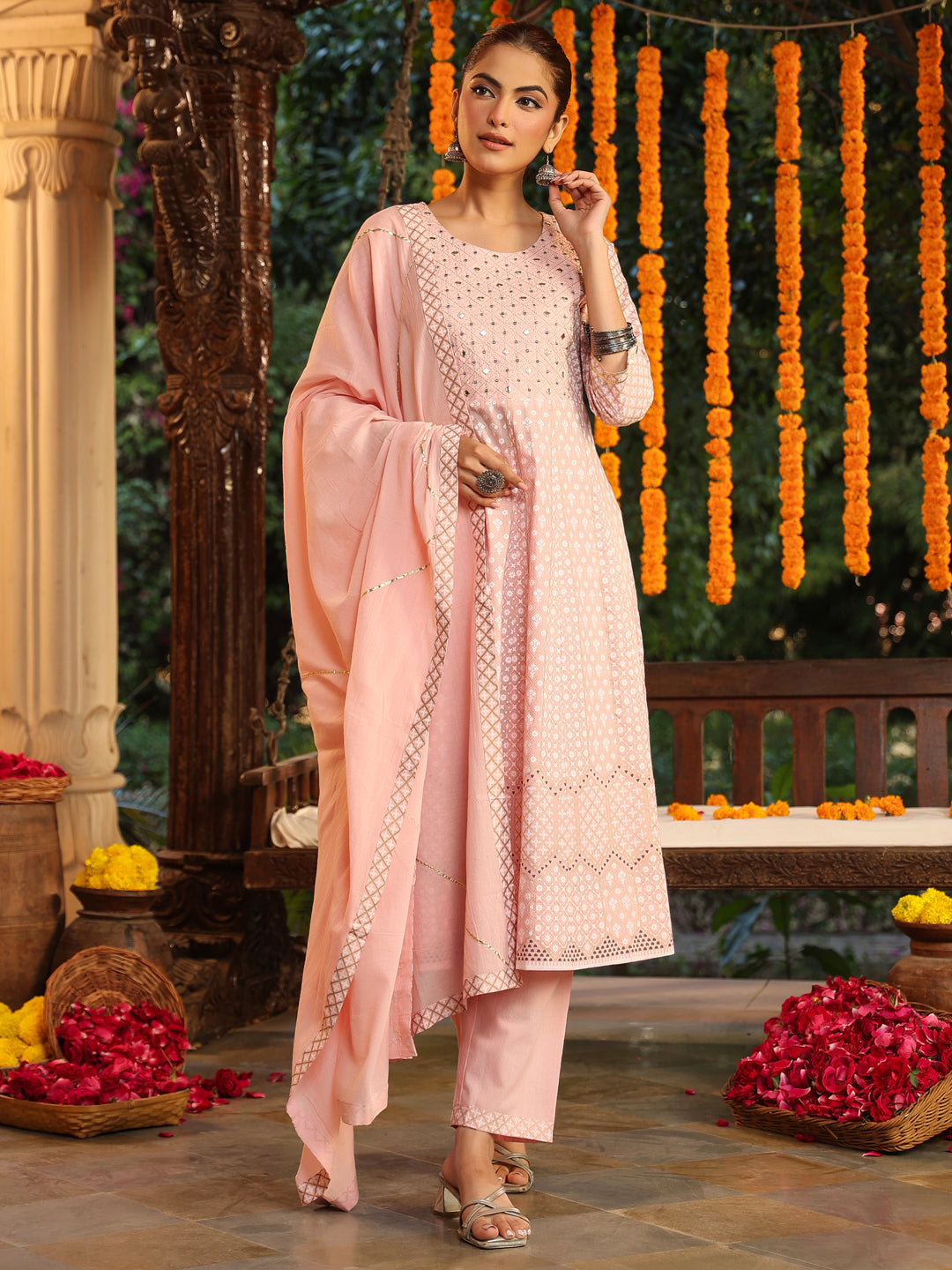 Janasya Light Cotton Ethnic Motifs Anarkali Kurta Set | Grocsy