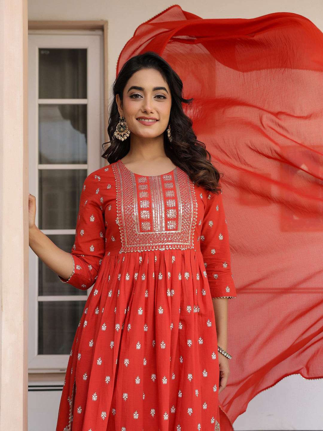 Janasya Bright Cotton Foil Print A-Line Kurta Set | Grocsy